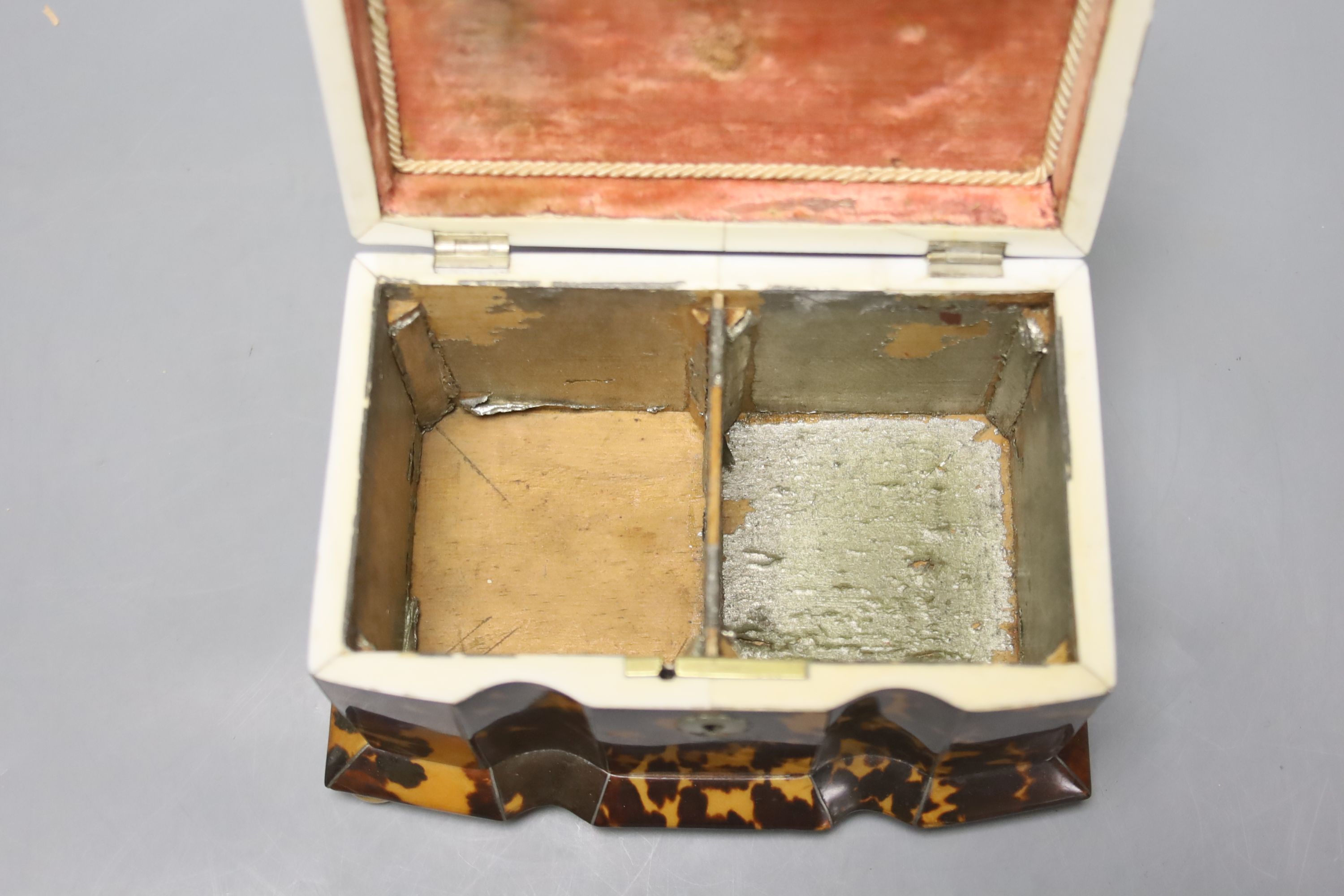 A 19th century tortoiseshell and ivory tea caddy, width 8.5cm height 11cm